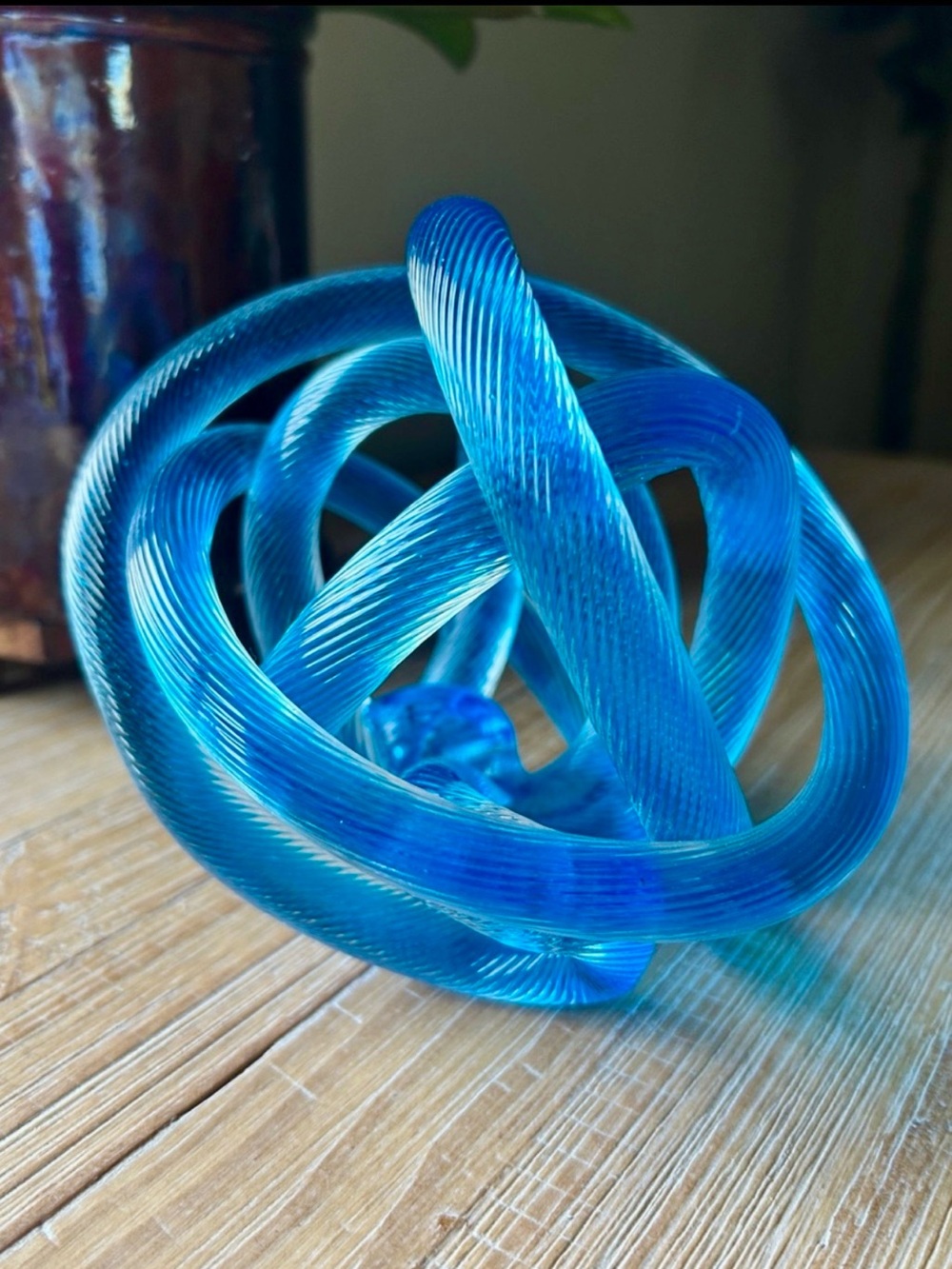 Large Vintage MCM Blue Art Glass Orb Twisted Rope Knot Hand Blown Sculpture. - Picture 9 of 11